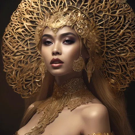 ultrarealistic portrait of a woman with tan skin, wearing gold crafted headpiece, 8k photographic style filigree fractal details...