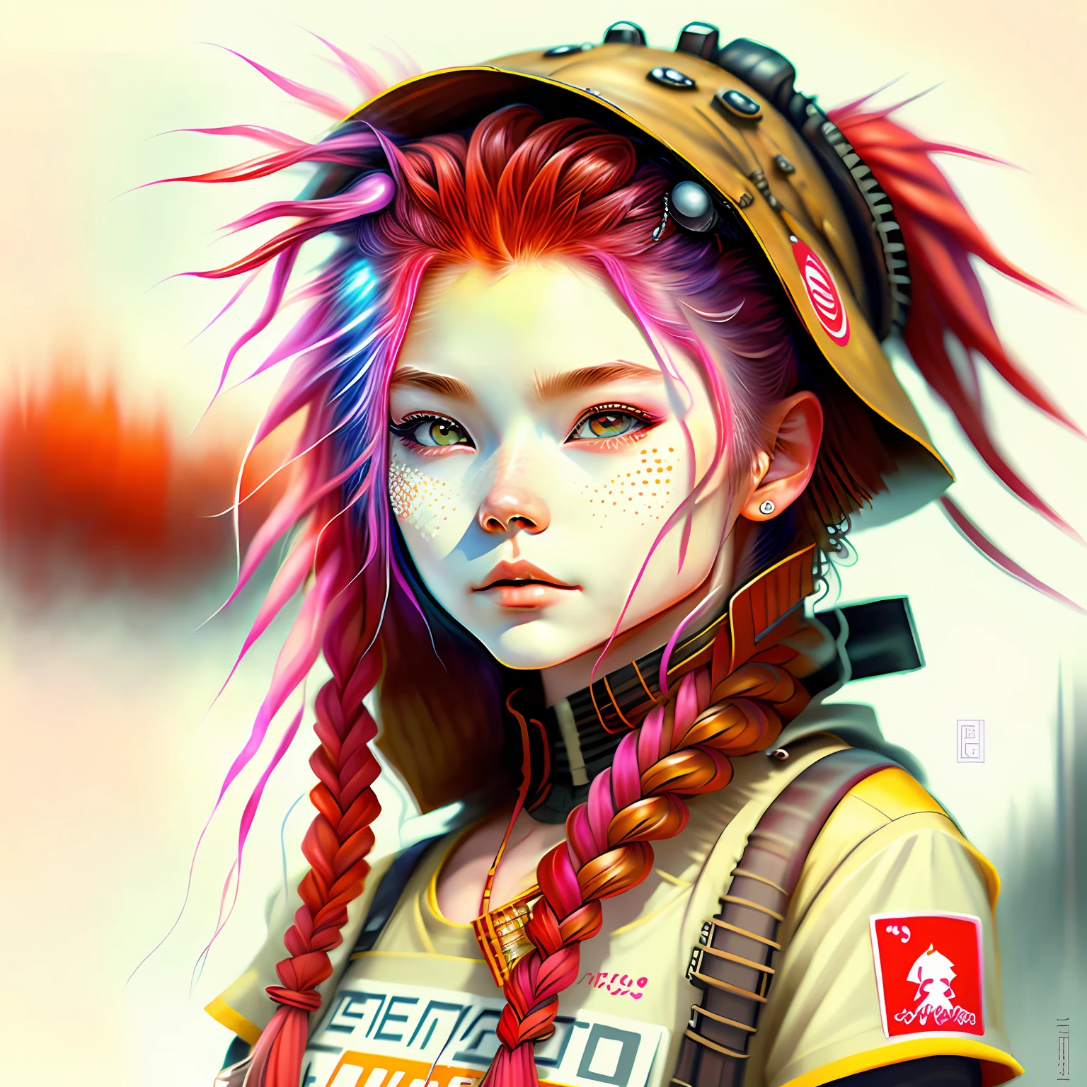 Japanese high school girl，A pink-haired，Red pupil color，Height 139，Two braided strands，The hair was long，Loves drawing comics，There is a kitten that is white and wears a painter's hat