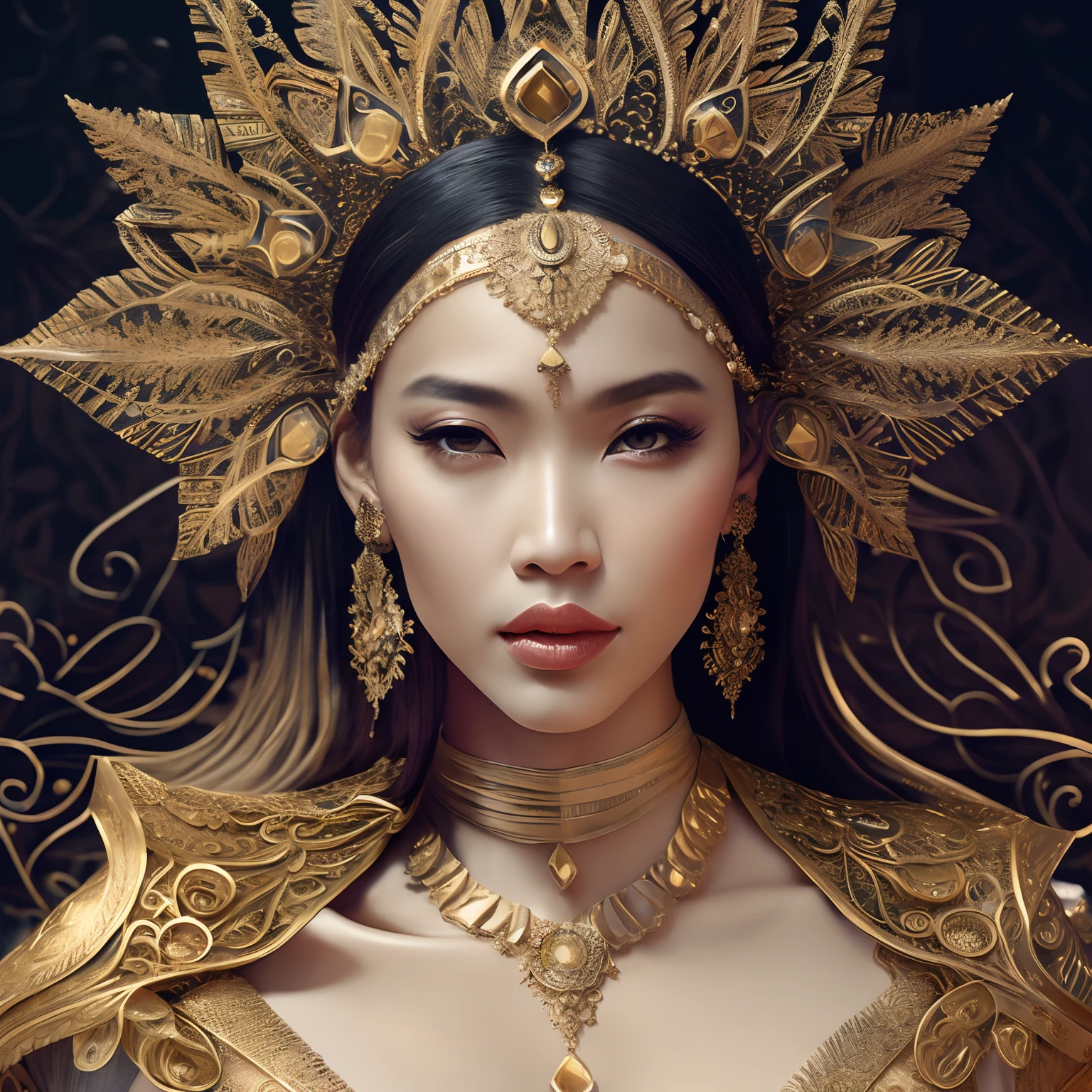 ultrarealistic portrait of a woman with tan skin, and black hair, southeast asian woman,wearing gold crafted headpiece, 8k photographic style filigree fractal details intricate ornate outfit hypermaximalist sharp focus, dramatic lighting, highly detailed and intricate, hyper maximalist, ornate, luxury, elite, haunting, matte painting, cinematic, cgsociety, James jean, Brian Froud, Ross Tran