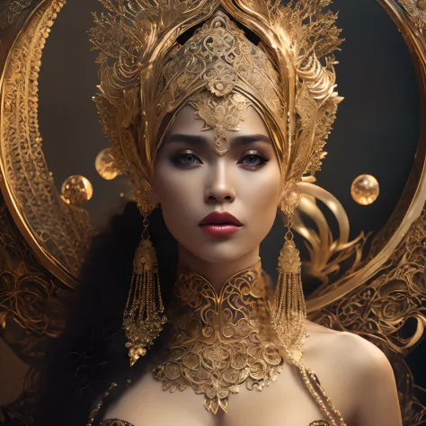 ultrarealistic portrait of a woman with tan skin, wearing gold crafted headpiece, 8k photographic style filigree fractal details...