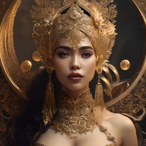 ultrarealistic portrait of a woman with tan skin, wearing gold crafted headpiece and jasmine wreath, 8k photographic style filig...