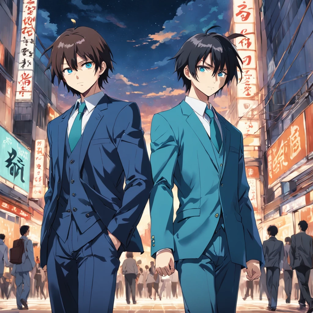 Anime characters in suits walking down a city street at night - SeaArt AI