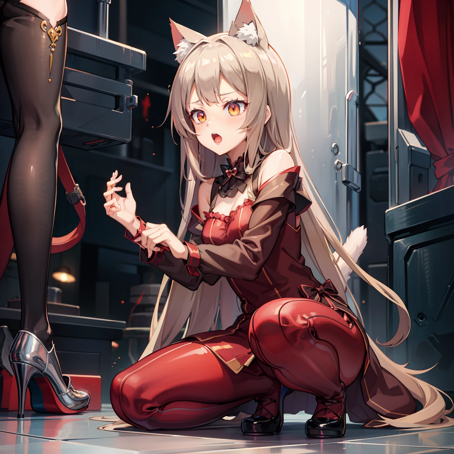 Anime girl in a red dress stroking a cat on the ground, attractive cat girl, beautiful young catgirl, beautiful anime catgirl, very beautiful cute catgirl, Vlop and Sakimichan, anime cat girl, catgirl, ahri, very beautiful anime cat girl, Nixeu and Sakimichan, cat girl, Anime Cat, cute anime catgirl