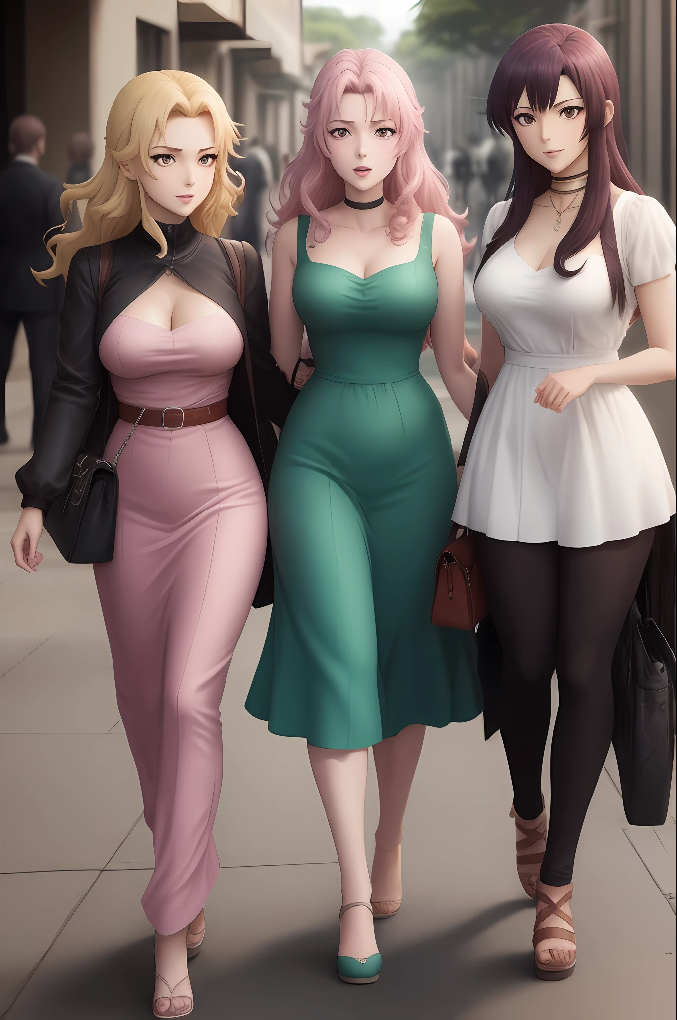 Three women walking down a street with one holding a purse - SeaArt AI