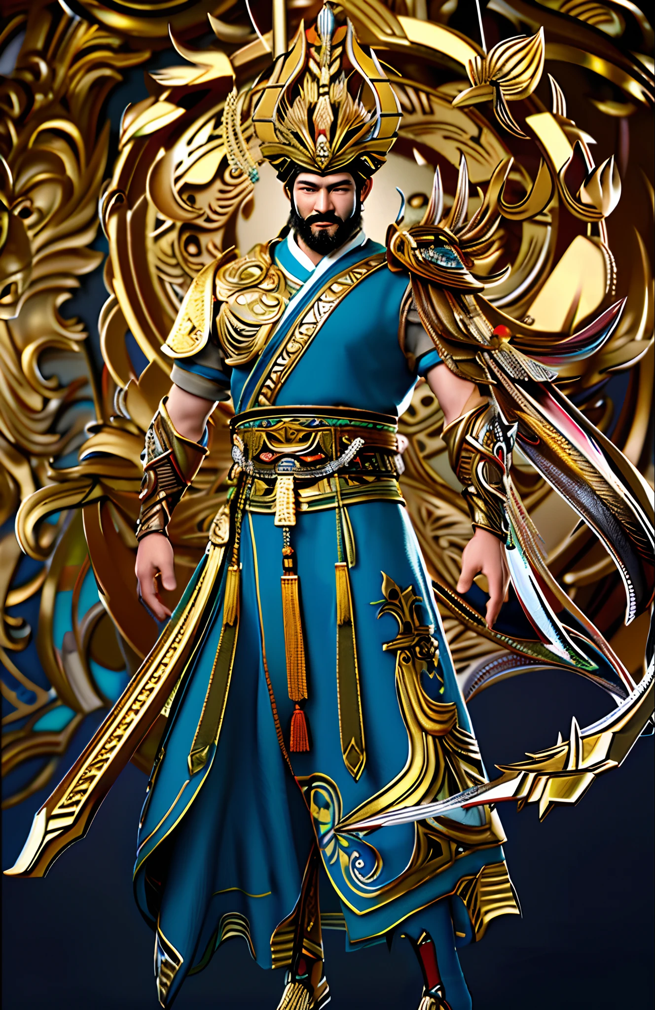 Arafed Bild eines Mannes in einem goldenen Outfit mit einem Schwert, Inspiriert von Hu Zaobin, inspiriert von Huang Shen, Inspiriert von Li Kan, inspiriert von Kailash Chandra Meher, Persischer Krieger, inspiriert von Wu Bin, Konzeptkunst eines Kriegers, Guanyu, Männlicher Krieger, portrait of a Männlicher Krieger, Hybrid aus Dynasty Warrior