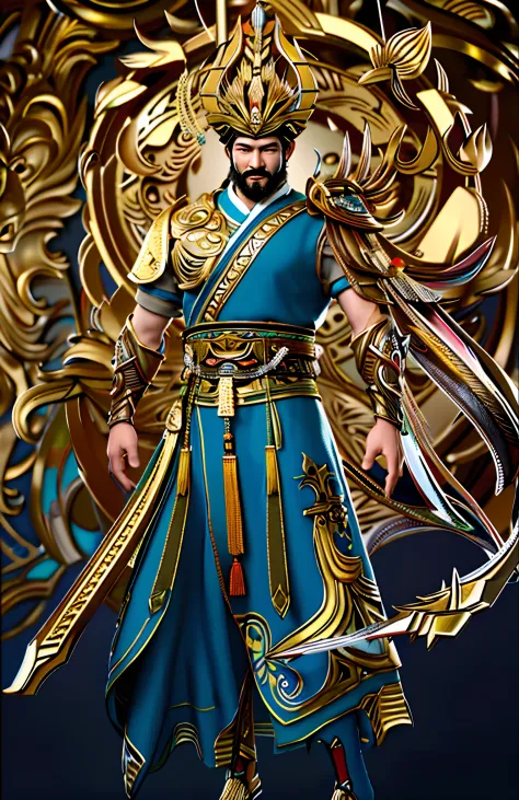 arafed image of a man in a golden outfit with a sword, inspired by Hu Zaobin, inspired by Huang Shen, inspired by Li Kan, inspir...
