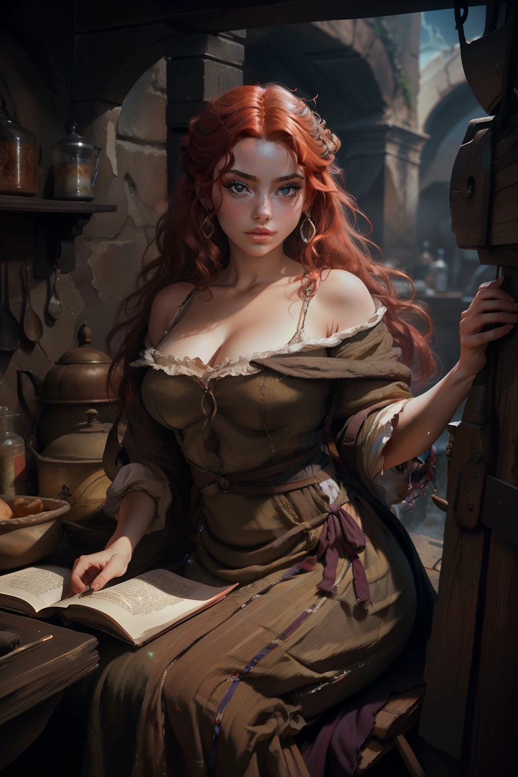 pintura de uma mulher com cabelo vermelho e um estrangulamento em um black gown, John Collier art style, maiden with copper hair, style of karol bak, uma jovem redheadwear, portrait of a young witch, No Bowater Art Style, Directed by: Roberto Lenkiewicz, brom gerald, Albert Lynch, portrait of princess merida, Dave Sim, Red-haired girl in a shadowy palace, black gown e roxo de veludo usando um kokoshnic, luxury gypsy clothing, head adornment, Lace choker, Masterpiece artwork, highest quallity, (standing alone), (face perfect: 1.3), (high détail: 1.2), Dramatic, 1girl, angel, (pale skinned), long redhead hair, Red hair escuros, (Breasts huge), light eyebrows, long hair, natta, purple and black medieval gypspy outfit, lots of jewelry, head adornments, eyes browns, covered navel, pouty lips, Curvilinear, (arms behind back: 1.4), inked, Detailed palace background, art by artgerm and greg rutkowski, cinematic lighthing, , lo fashion, BALENCIAGA, Alexandre Mc Queen, glitter, Red hair acobreados, copper red hair, Red hair, mulher redheadwear, Red hair bonitos, redheadwear, pale skinned, fat bottle, large lips, juicy lips beautiful lips, Beautiful  eyes, chubby cheeks, Round face, young chubby, Chubby Teen, chub,  gorda, Woman with plump body, chubby woman, black gown, gloomy dress