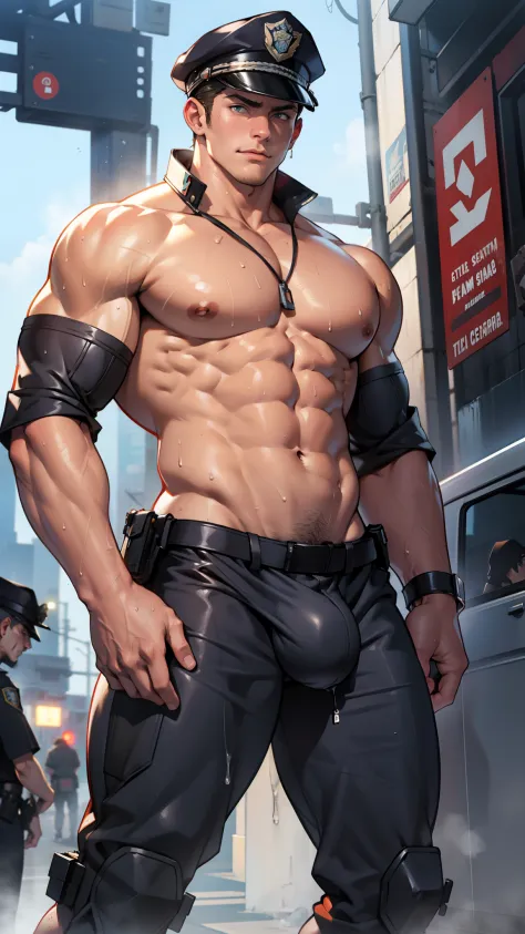 A tall muscular boy , Naked , Legs spread , （The whole body of the character），impact , Sweaty , Wet , Seductive , Bigboobs , large bulge , big balls ,, From the knees , big assa，police hat，mechs，punky style