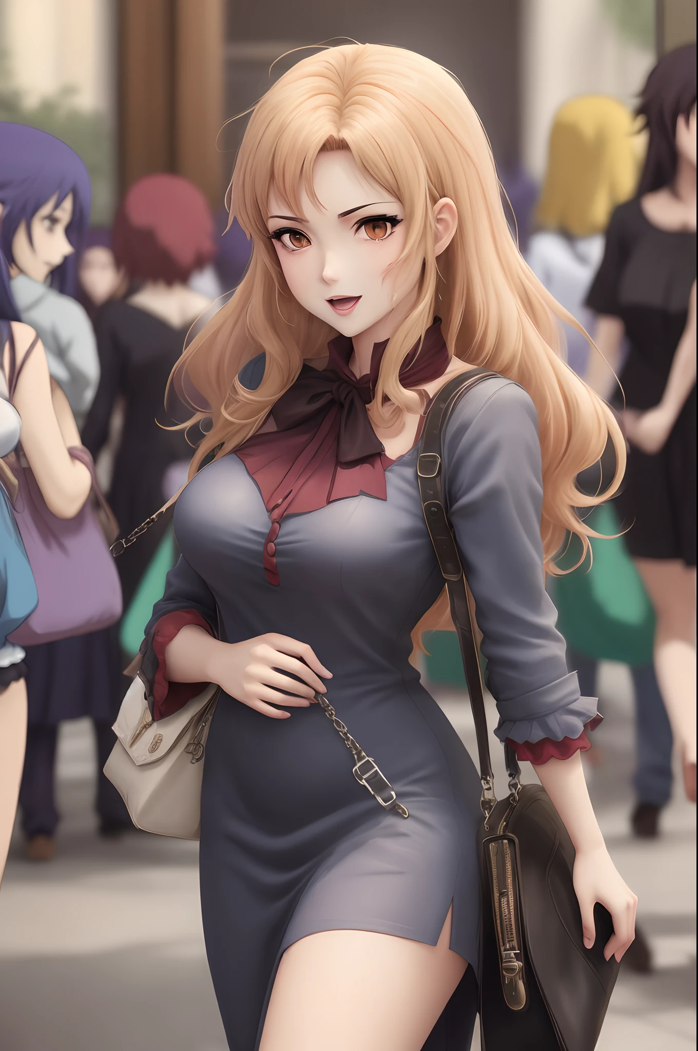 Anime girl in a short dress walking down a street with a purse - SeaArt AI