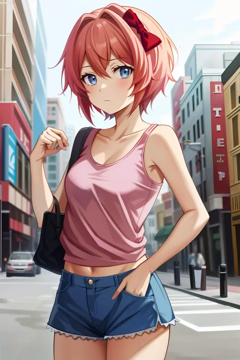 2d, masterpiece, best quality, anime, highly detailed, 1girl, solo, sayori, blue eyes, pink hair, short hair, hair bow, red bow,...
