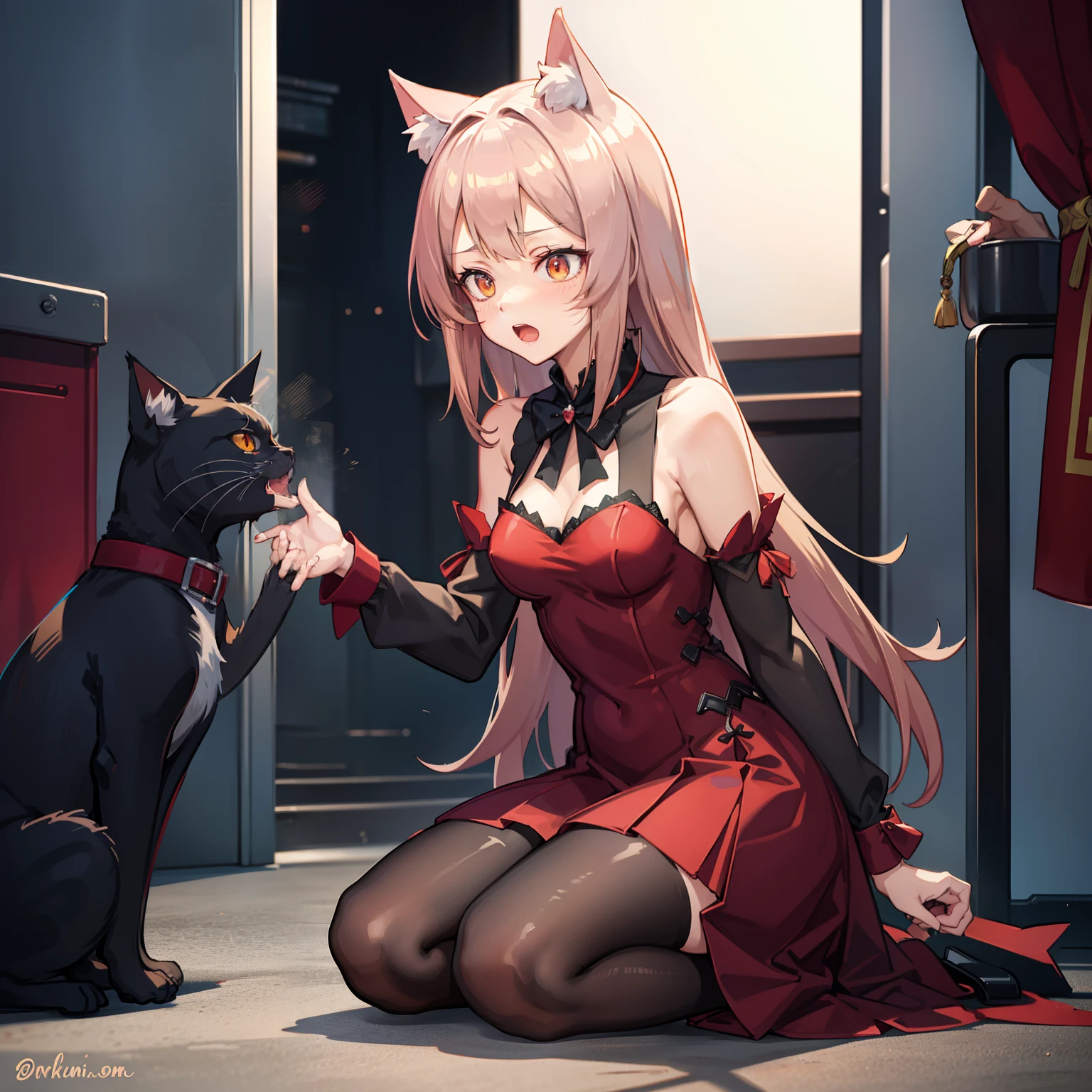 Anime girl in a red dress stroking a cat on the ground, attractive cat girl, beautiful young catgirl, beautiful anime catgirl, very beautiful cute catgirl, Vlop and Sakimichan, anime cat girl, catgirl, ahri, very beautiful anime cat girl, Nixeu and Sakimichan, cat girl, Anime Cat, cute anime catgirl