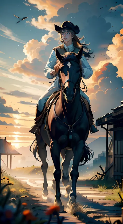 Eight horses ran across the endless prairie ，A male Western hunter rides on a white steed in front，The white steed roared into the sky，Rush to the audience，（The hunter wears a berets，Carrying a shotgun on his back，Brown cowhide boots，Visually inspect the a...