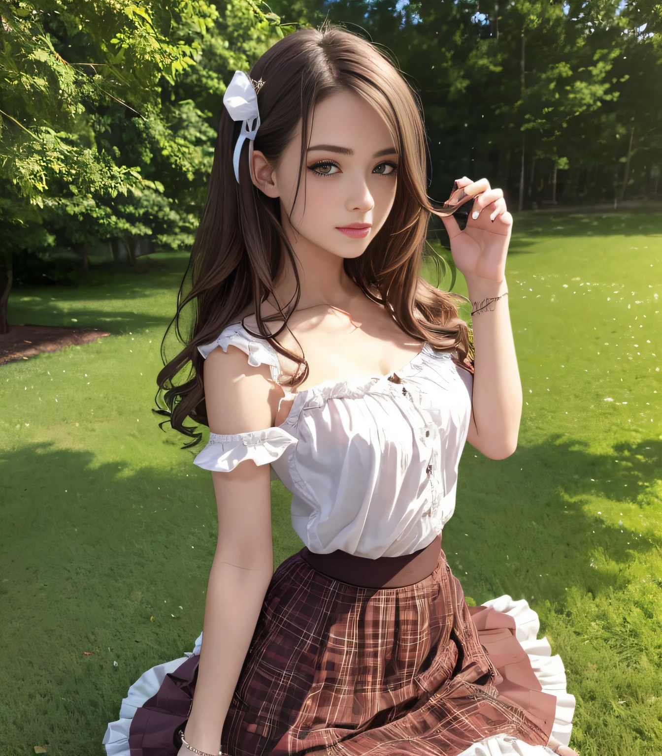 egirl, high quality fingers, normal hands, detailed fingers,masterpiece, dark brown centre parted hair, (realistic, photo-realistic:1.37), small breasts, small waist, beautiful face, perfect illumination, beautiful detailed eyes, stunningly beautiful woman, detailed hairstyle, egirl outside,((e-girl outfit)), ((ruffle skirt)) doing a cute pose, big ass, highly detailed, high definition, instagram photo