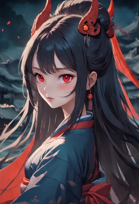 Longhaired Beauty，Tall and tall，Tang dynasty，Ancient China，Red eyes，The eyes are cold and evil，Chinese face，Impeccable，delicated，Ancient Hanfu，period costume，（Background with：Dark and terrifying，Countless ghosts，terroral，thriller）Cursed girl，Chinese horror
