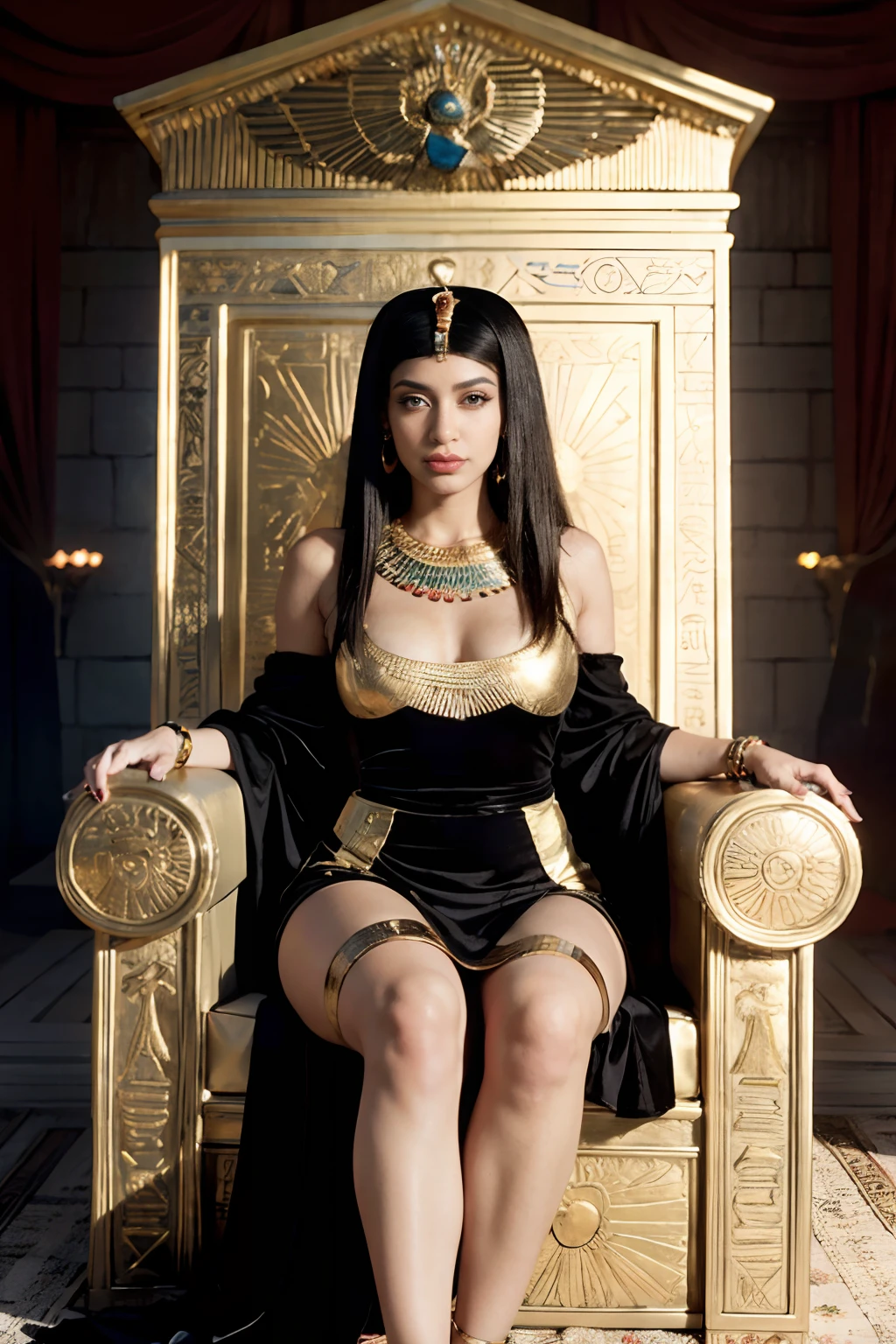 araffe woman in a black dress sitting on a gold couch, beautiful cleopatra, egyptian princess, on her throne, a beautiful fantasy empress, goddess queen, cleopatra in her palace, sitting on her throne, cardi b, persian queen, cleopatra, sitting on golden throne, ((a beautiful fantasy empress)), sitting on a golden throne, beautiful goddess