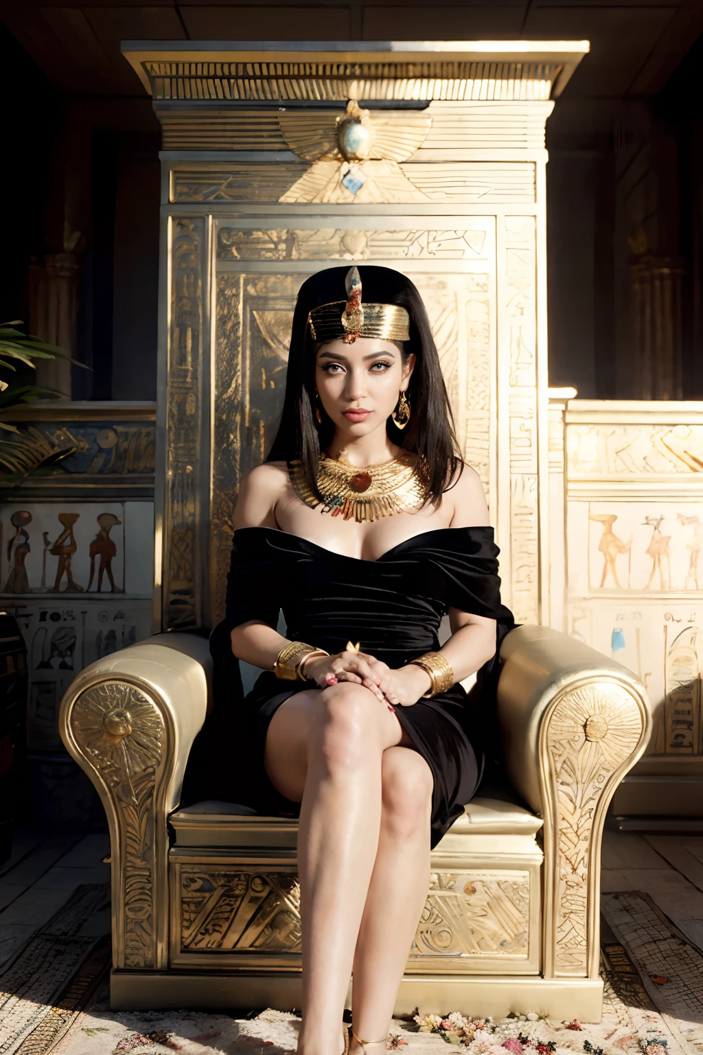 araffe woman in a black dress sitting on a gold couch, beautiful cleopatra, egyptian princess, on her throne, a beautiful fantasy empress, goddess queen, cleopatra in her palace, sitting on her throne, cardi b, persian queen, cleopatra, sitting on golden throne, ((a beautiful fantasy empress)), sitting on a golden throne, beautiful goddess