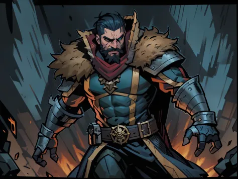 Darkest dungeon style, comics frame, Sadurang from Marvel, hunk, shoulder length mane hair, defined face, detailed eyes, short b...