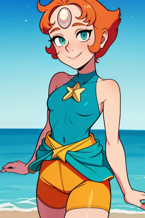 pearl,short orange hair, forehead jewel, half-open eyes, standing, close up, smiling , solo,  upper body  
pedres,blue leotard w...