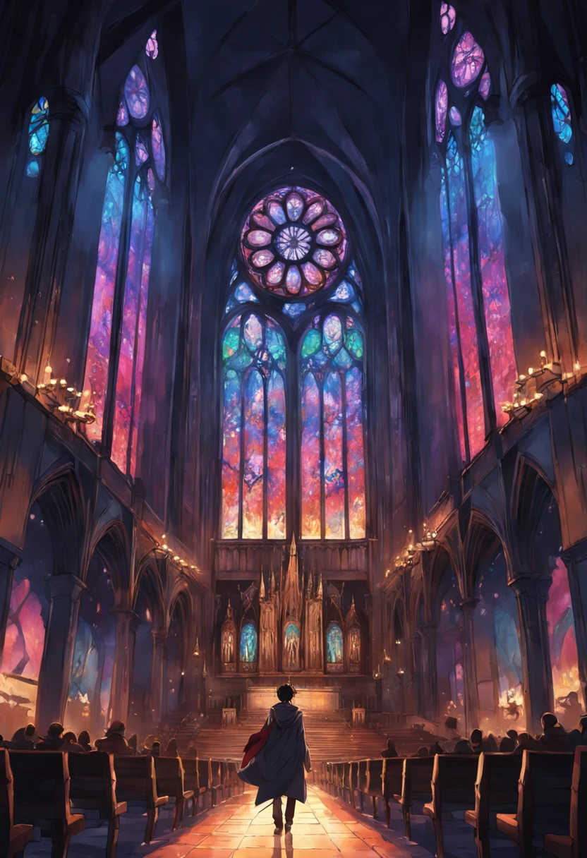 Realistic environment of a dark cathedral, with lights passing through colorful stained glass windows. Ao centro, seen from the back a musician with guitar on his back.