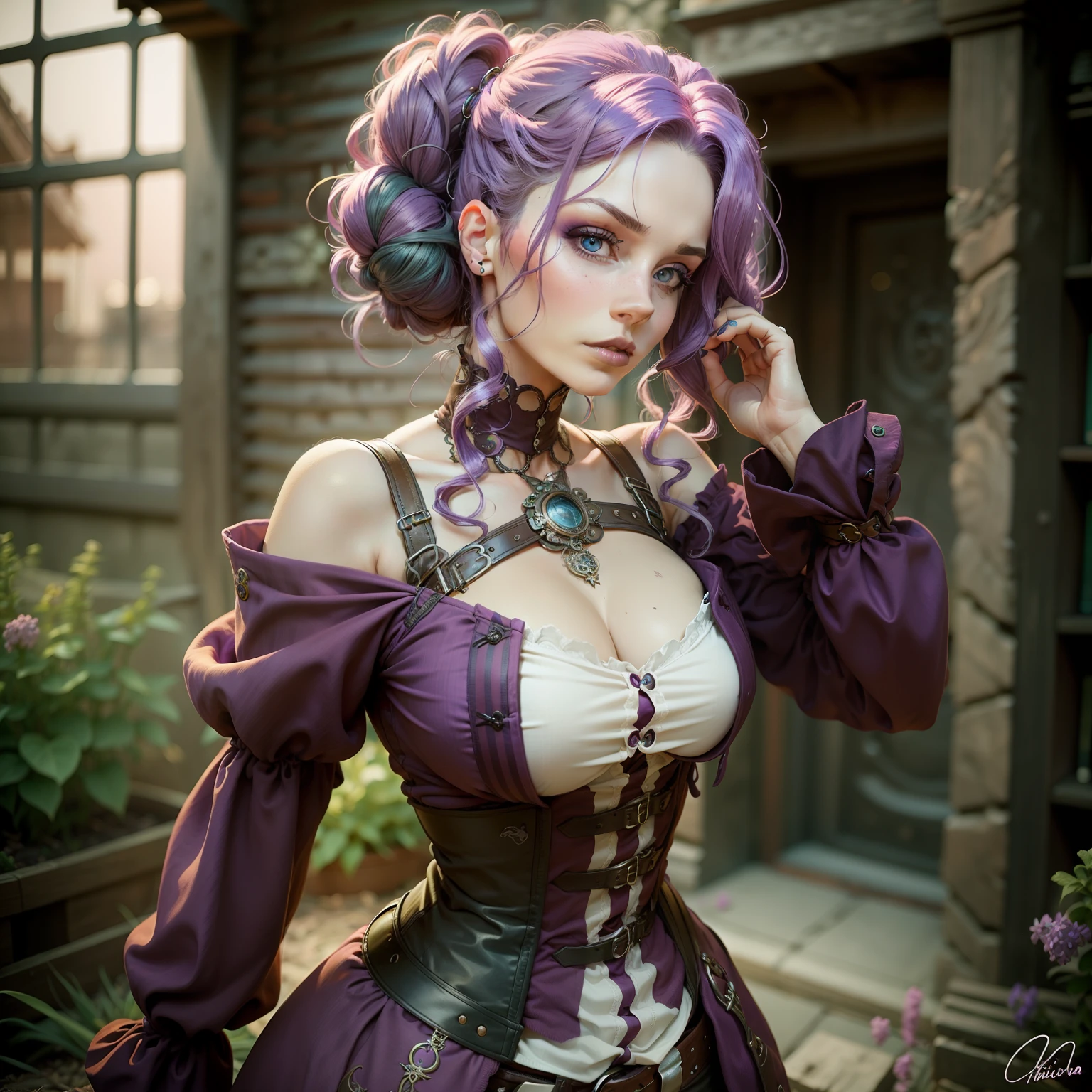 Woman held of lilac hair, accomplished woman, hair green, Steampunk, adult  woman, blue eye, realistic, blue colored eyes, fully body, lilac hair
