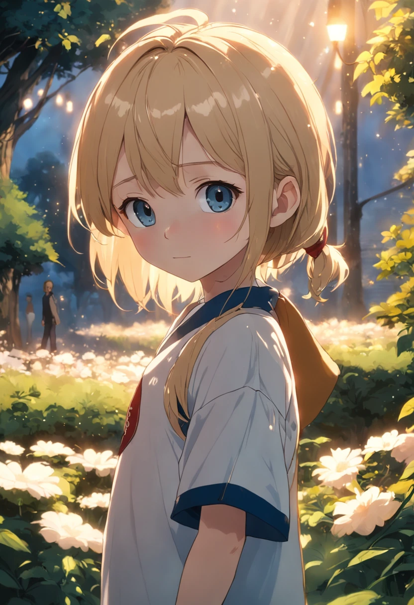 A girl with blonde hair and blue eyes stands in a forest - SeaArt AI