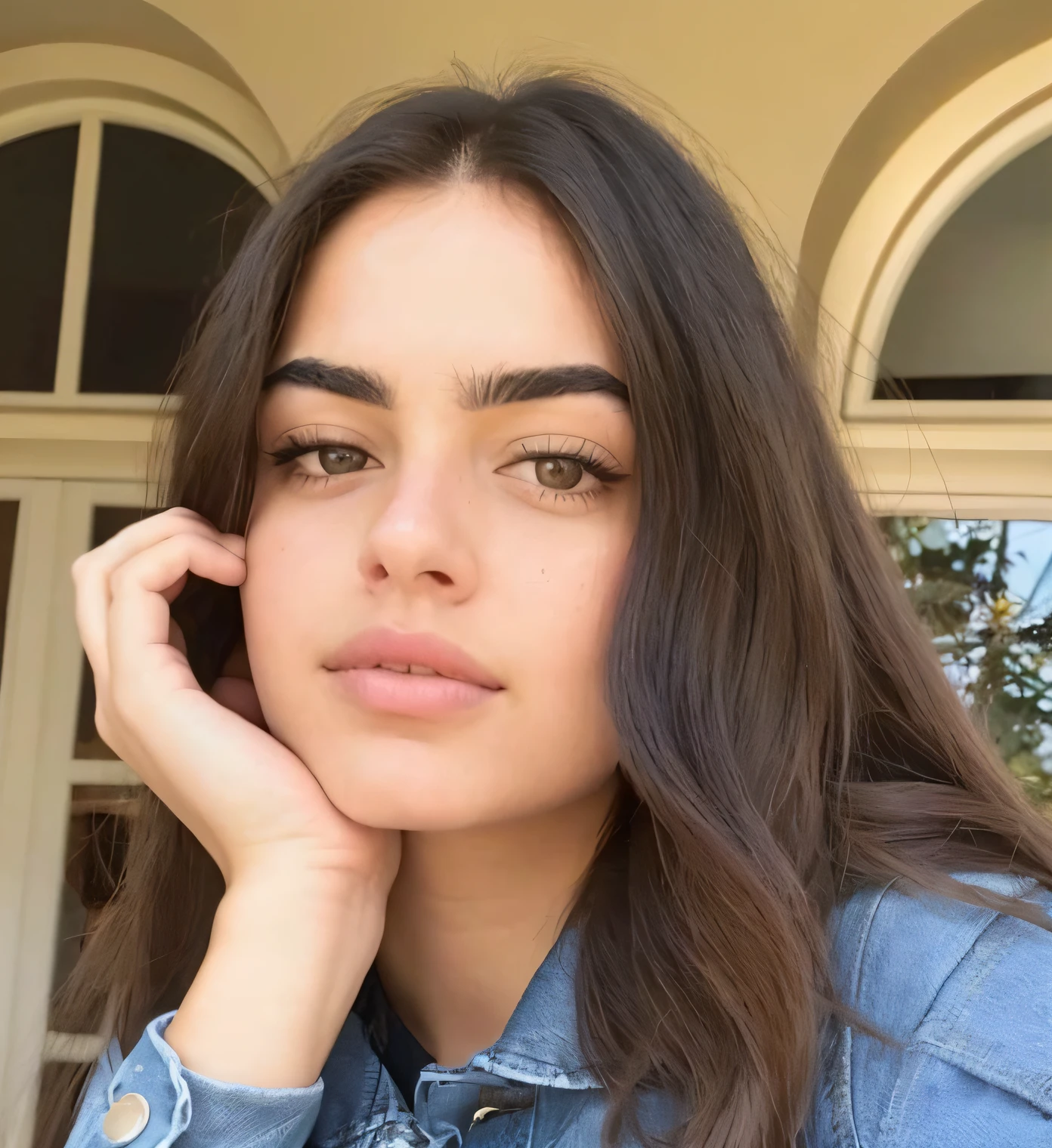 a close up of a woman with long hair and a denim jacket, gorgeous attractive face, big bold thick eyebrows, thick bushy straight eyebrows, beautiful fine face features, extremely beautiful face, flawless olive skin, attractive beautiful face, brown hair and large eyes, dark thick eyebrows, perfect face and eyes, large eyebrows, beautiful round face, natural straight eyebrows