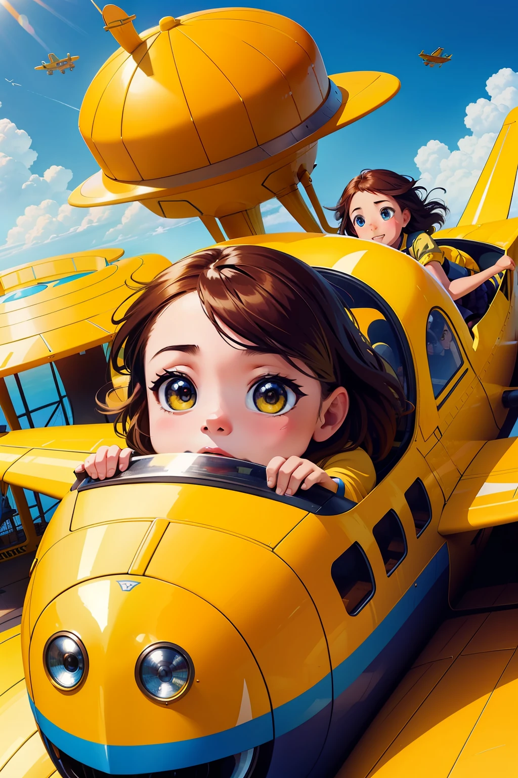 there are two girls cute face riding on a yellow plane in the sky, children's, , flying vehicles, children, flying machinery, amusement park attractions, planes, shutterstock, advertising photo, midair, overhead, close-up photo, close - up photo