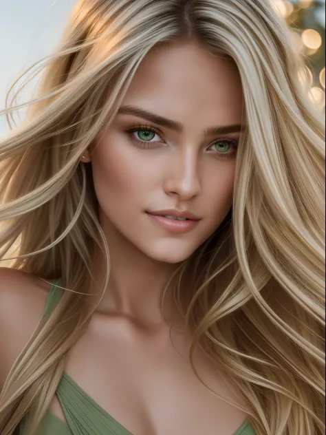 Cinematic soft lighting illuminates a stunningly detailed and ultra-realistic beautiful Greek supermodel, beach look, long messy windy dark blonde hair, clear green eyes, captivating perfect smile, sensual, hot woman, gorgeous, that is trending on ArtStati...