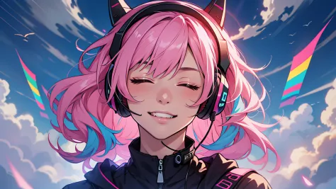 Woman with peace sense headset, closed eyes, beautiful face, RGB colors, bright brue and pink hair, anime, banner for youtube video, happy girl, clouds with RGB colors, bright RGB colors.