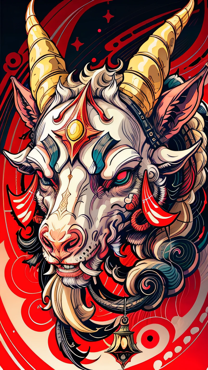 una cabeza de cabra, ilustrador, Obra maestra, alta calidad, 8k, alta resolución, alto detallado, Estilo japones