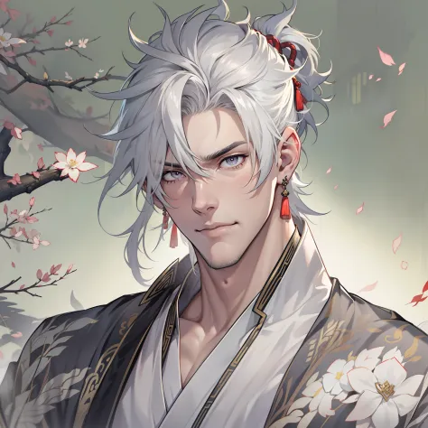 Handsome male. 6 ft 5 tall man. White hair. Short hair. Grey eyes. Eyepatch. Earrings. Toned body. Muscular male. Traditional chinese clothes. Genshin Impact