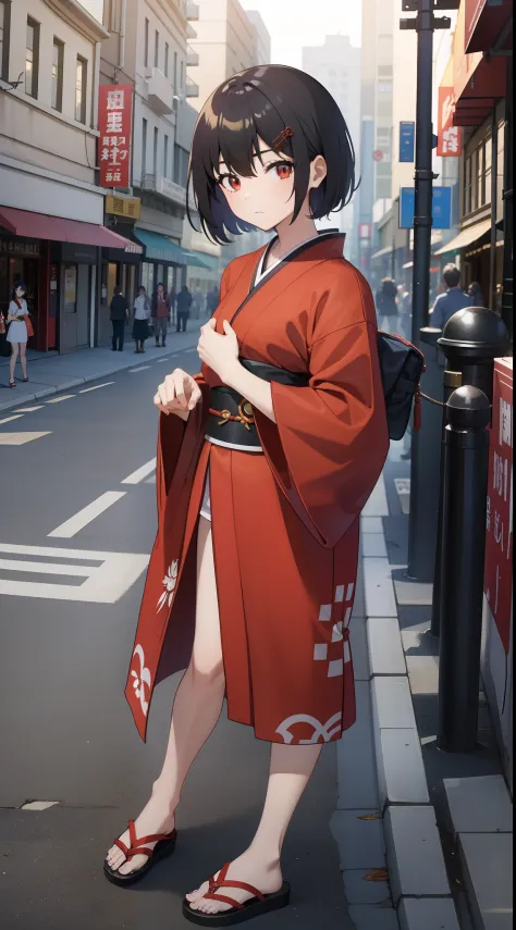 hiquality, tmasterpiece (One samurai girl) dark colored hair. Bob haircut. Red Eyes - Kimono Clothing with Armor. Sandals. against the background of the Street, city streets