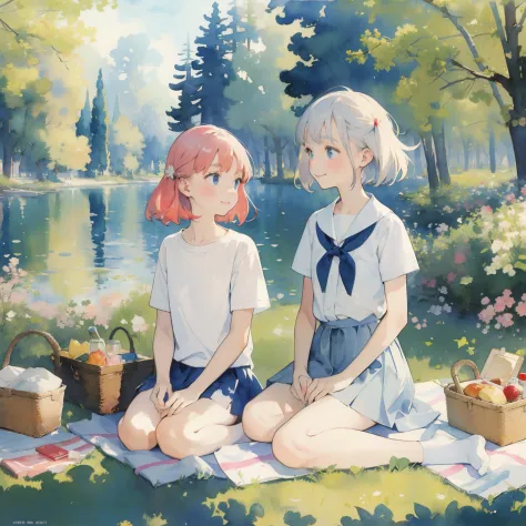 masterpiece, best quality, 2girls, loli, petite, slim, flat chest, shirt, white panties, sitting by a forest lake, picnic, lunch...