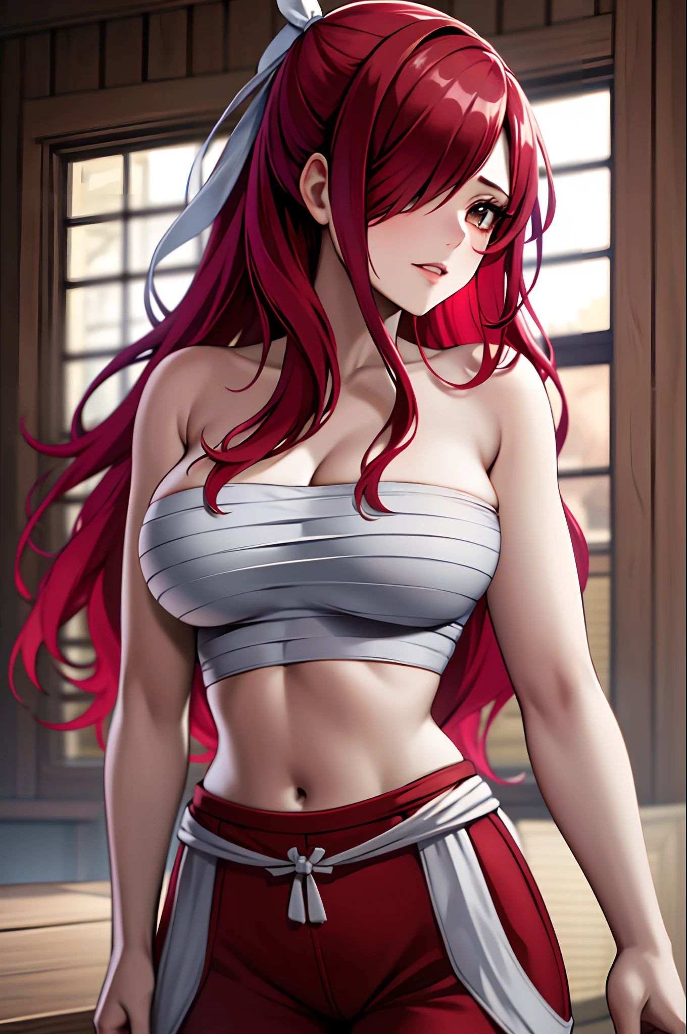 Masterpiece, Best Quality, hight resolution, fairytale, 1girl, Long hair, red hair, pony tail, white ribbon, hair above one eye, Brown eyes, large breasts, clavicle, Sarashi's chest, bandage, bare arms, midriff, Red Hakama, red pants, Cowboy shot, Indoors, Standing,