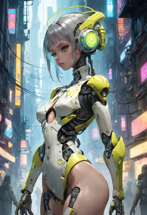 "Imagine a breathtaking digital artwork featuring 'Droid,' an anthropomorphic turtle in a mesmerizing cyberpunk world. Droid stands as a symbol of futuristic harmony between nature and technology. Clothed in a pale yellow dress adorned with a captivating s...