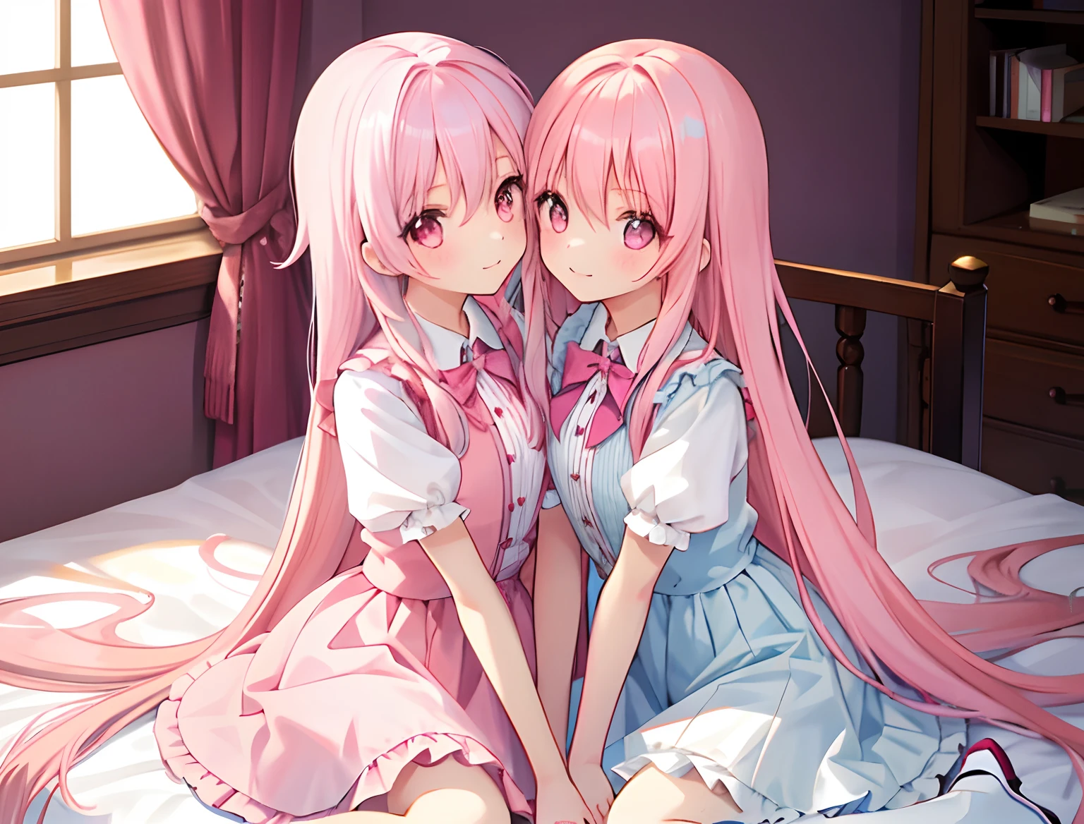 2 meninas，garota1：，adorável，Um cabelo rosa，cabelo longo e branco，menina 2：Um cabelo rosa，cabelo longo e branco，Toquem o peito um do outro