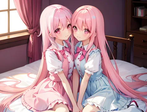 2girls，Girl1：，adolable，A pink-haired，long whitr hair，girl 2：A pink-haired，long whitr hair，Touch each other's chests