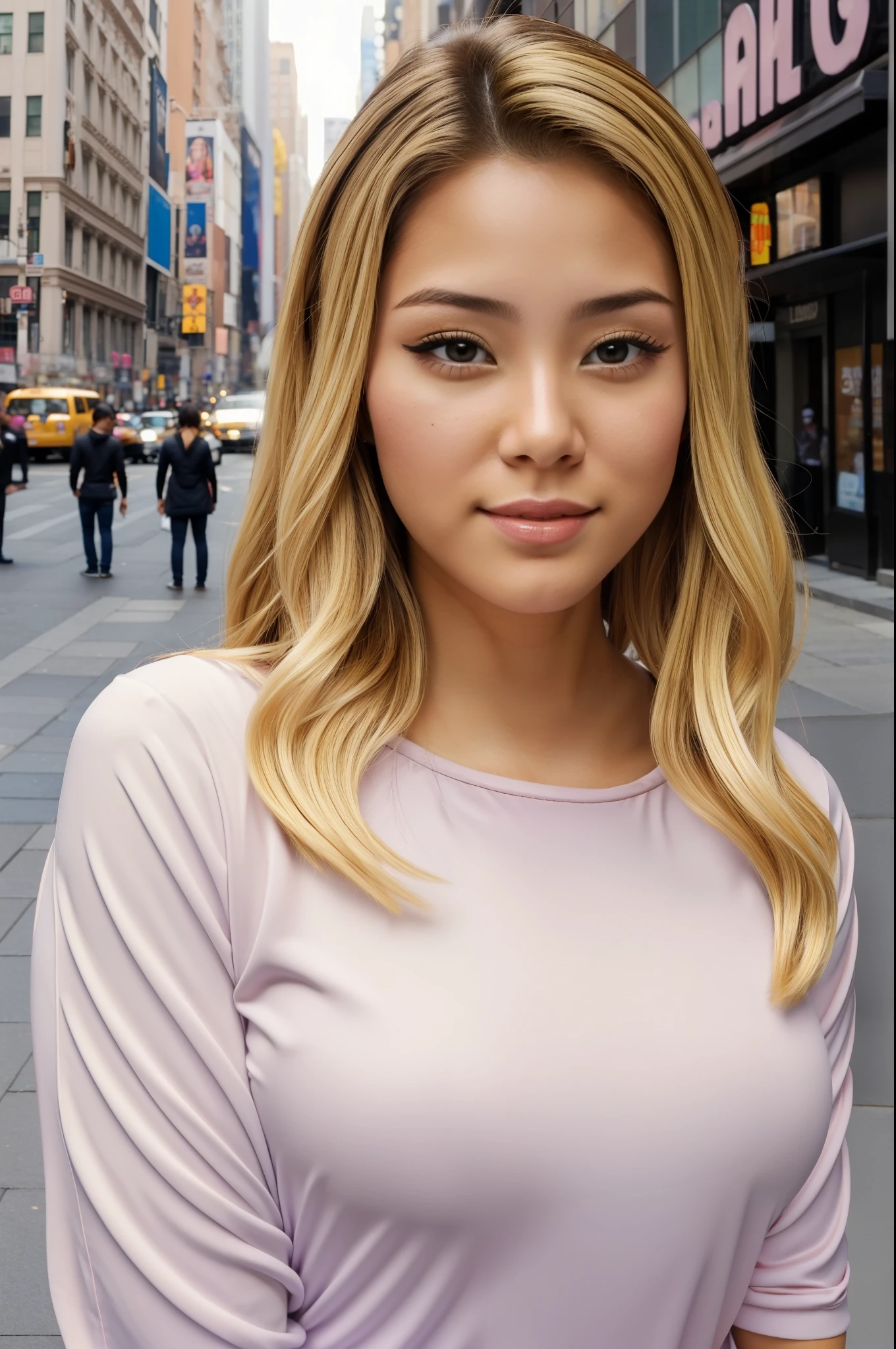 (The best quality) (masterpiece ) perfect face. kawaii & Sinister young beauty princess in New York City. Blonde hair