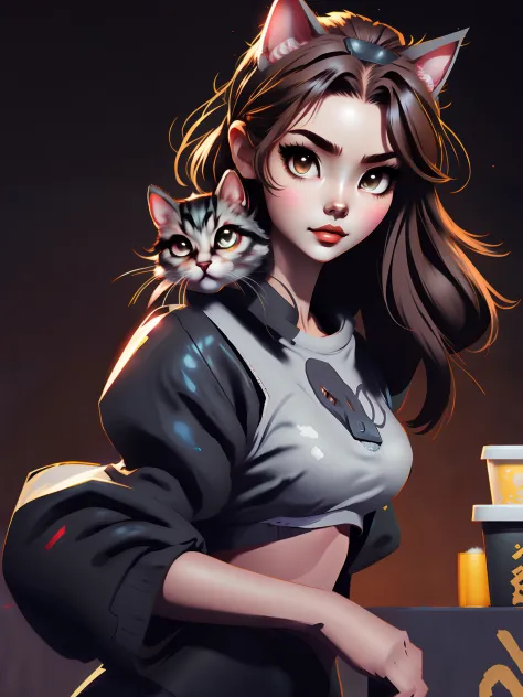 anime character with cat on shoulder and coffee cup in hand, baggy zip up sweater, grey crop top, black leggings, realistic anim...
