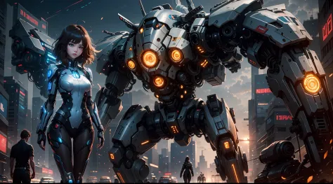 a girl with bodysuit is preparing for a battle with a battle mecha behind her, cyberpunk anime, 1 girl, 1 mecha, intricate details, dynamic composition, volumetric illumination, masterpiece, ultra definition, high quality, glowing lights