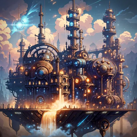 a floating industrial city, steam punk, dieselpunk, two large turbine thrusters, blue flame from thrusters, floating close to th...