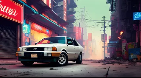 (tmasterpiece) высокая детализация raw, toyota corolla car, 1991 year of release. in the city. a vibrant apocalyptic cyberpunk c...