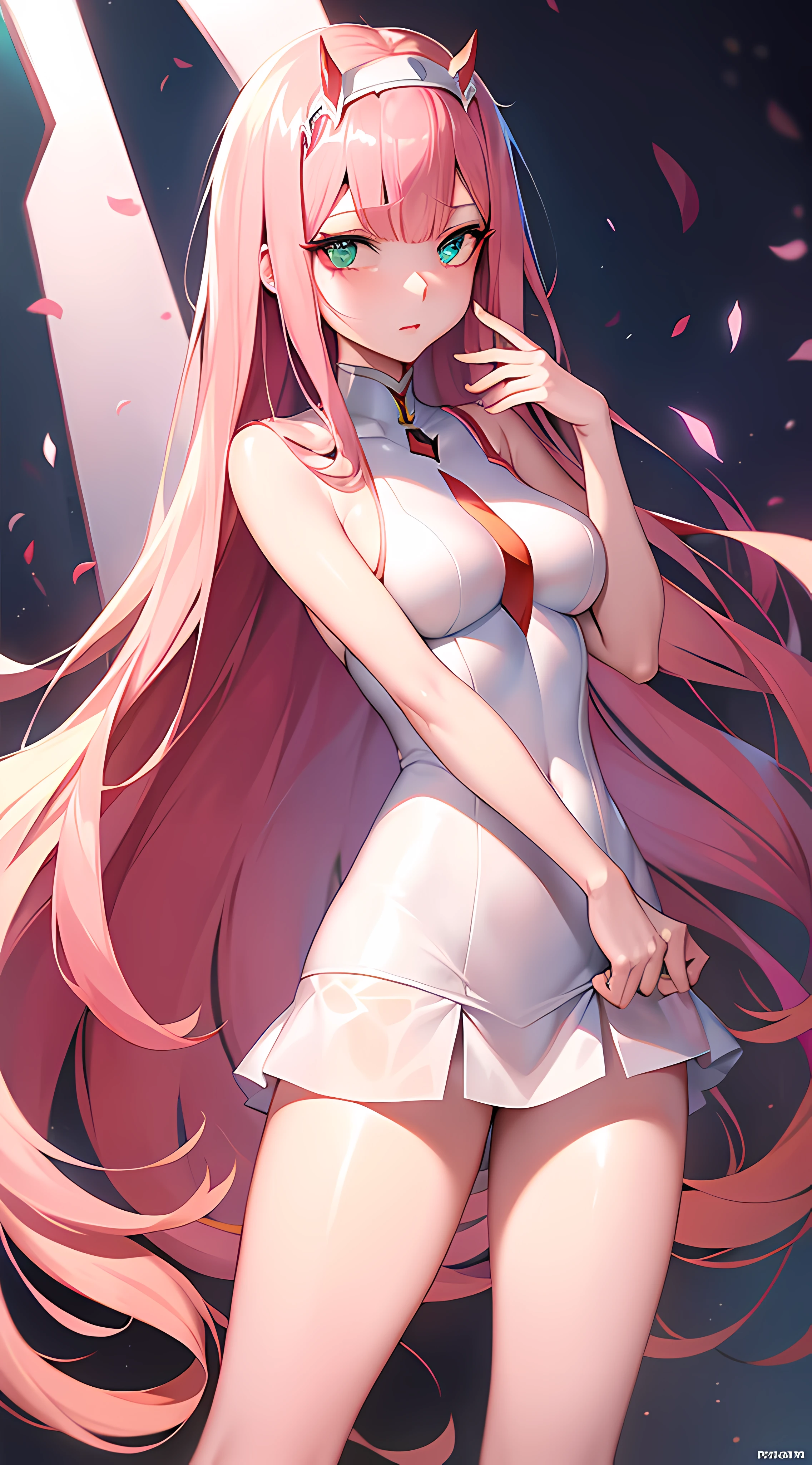 (masterpiece), best quality, expressive eyes, perfect face, anime girl, darling in the franxx anime, zero two darling in the franxx anime, green eyes, pink hair, zero two \(darling in the franxx\),