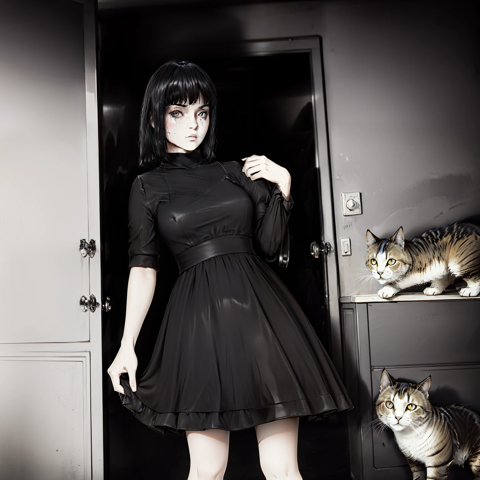 Cabelo trancado preto com fita vermelha, pele branca, olhos cinza claro, vestido preto, segurando um boneco rasgado de um gato