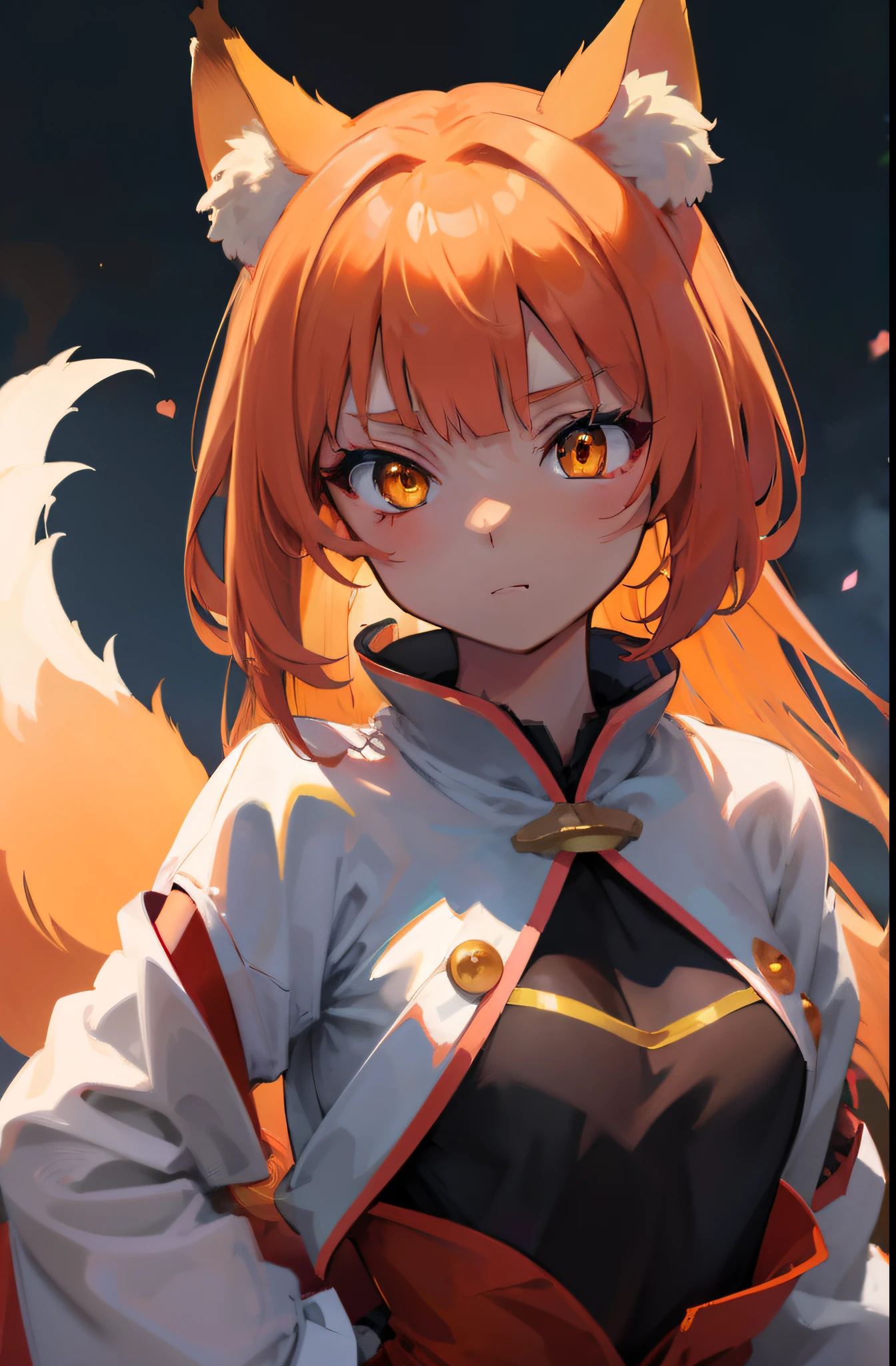 Volumetric Lighting, Best Shadows, Portrait Of Stunningly Beautiful Girl, Petite, Delicate Beautiful Attractive Face With Alluring Yellow Eyes, Small chest, small breasts, Short orange hair, , Thick , Slim Waist, Standing, (Highest Quality, Amazing Details:1.25), (Solo:1.3), Brilliant Colorful Paintings, anime character dressed in dress with a fox tail, kitsune, a beautiful fox lady, a beautiful kitsune woman, portrait, cowprint