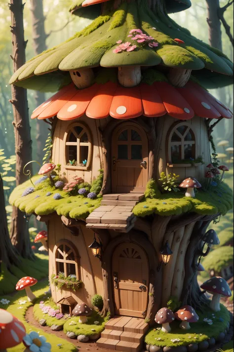 "Enchanting mushroom houses nestled in a vibrant forest, bathed in soft sunlight, and surrounded by colorful flowers. Captivate with whimsical details, moss-covered roofs, and cozy doorways. Create a magical atmosphere with sparkling dewdrops, dancing butt...