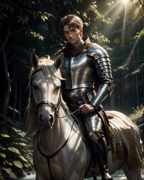 A handsome male knight rides a white horse toward the viewer, (sunlight glinting off shining bronze armor), (a silver bugle hung...