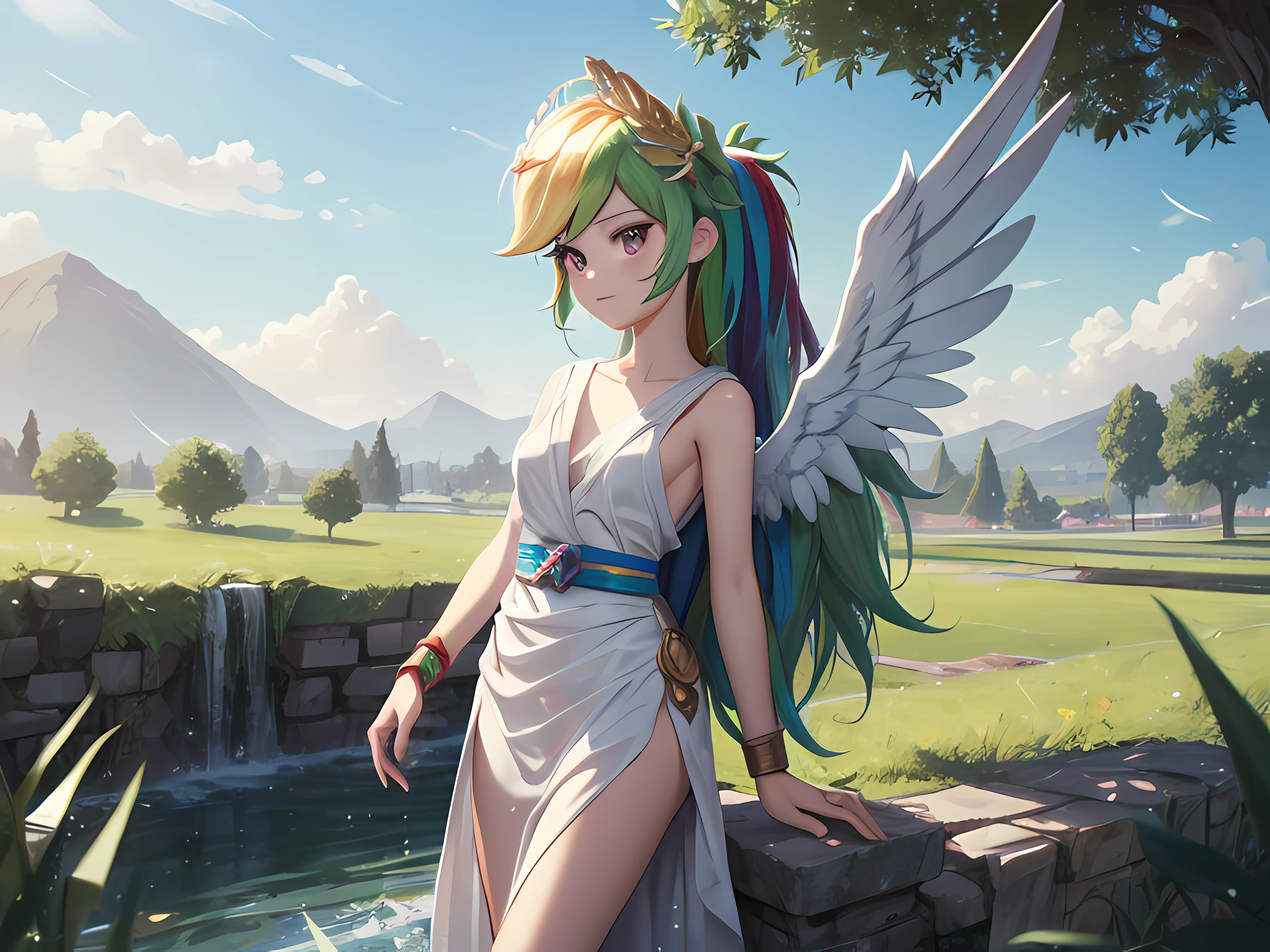 (masterpiece, best quality:1.2), (perfect anatomy), highres, perfect skin, 1girl, mlpdash, rainbow hair, greek clothes, peplos, long hair, hair down, detailed background, magenta eyes, winged sandals, winged golden crown, sunny weather, white dress, rainbow dash from my little pony dressed as a greek god Hermes on a green field with a tree and a water stream nearby