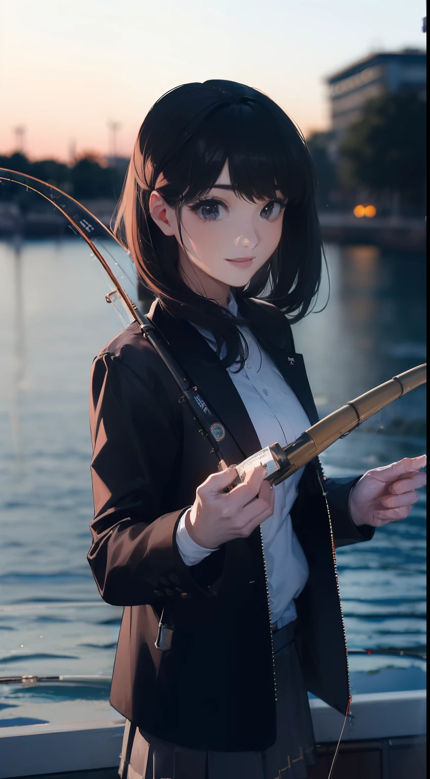 ((((having a fishing rod with a reel by the lakeside:1.5)))),((1 Female 22 years old))((Best Quality, masterpiece :1.5)),(((Hands with the correct number and structure of fingers:1.4))),hight resolution,ultra-detailliert,​masterpiece,best qualtiy,,Black hair, long eyeslashes, Solid Circle Eyes, Smiling Woman, drop shadow, Atmospheric perspective,Super Detail, ccurate, small brest,(Black jacket :1.1),top-quality, blurry backround, bokeh dof:1.2, (​masterpiece:1.3),  Atmospheric perspective,Super Detail,dynamic compositions