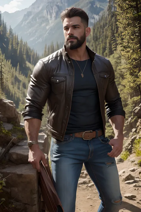 A character portrait [handsome man, hairy body, alpha male, huge biceps, ripped abs, jeans, jacket, sneakers, sunny mountain roa...